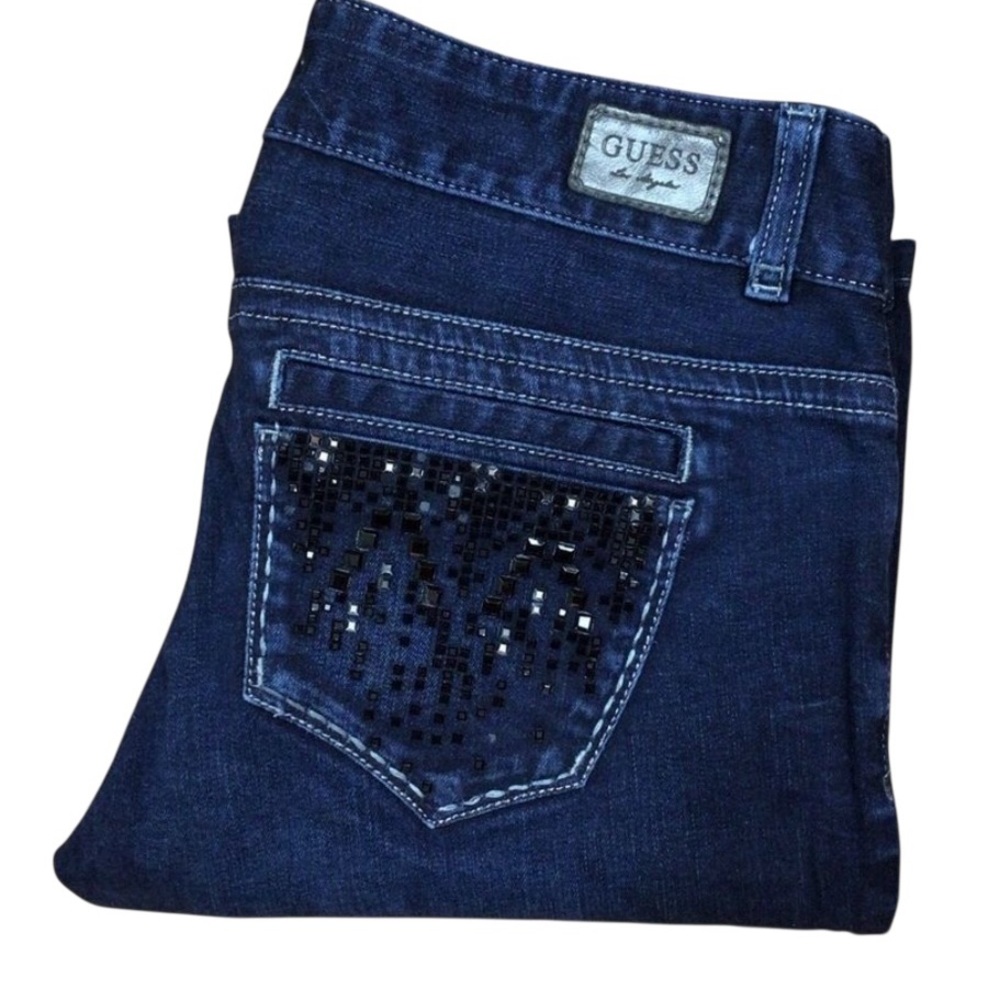 GUESS dare devil jeans bling stones dark blue rhinestones low rise boot cut 28